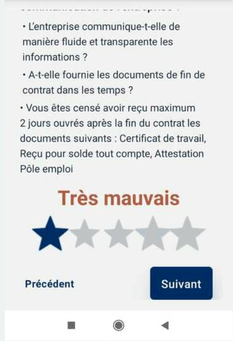 Écran de notation d'une mission avec les 6 questions et le système d'étoiles pour évaluer chaque question